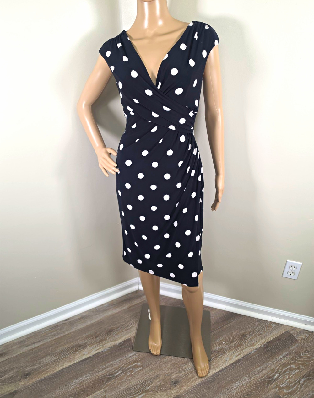 Lauren Ralph Lauren Black White Polka Dot Wrap Sheath V-Neck Cap Sleeve 4